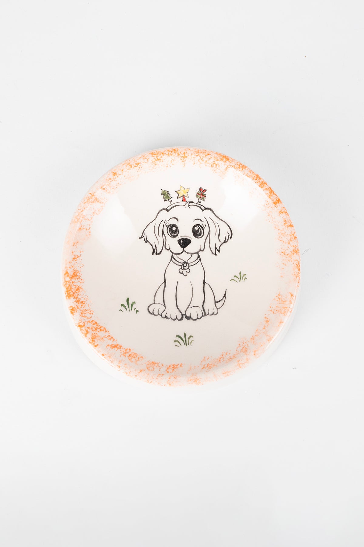Yılbaşı Temalı Sevimli Köpek Desenli El Yapımı Seramik Mama Kabı
